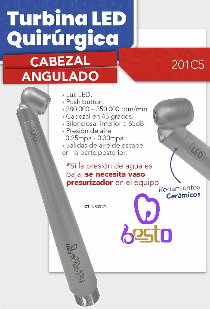 Turbina push botón - Led - Angulada para Cirugía / odontopediatria - 201C5 - Besto