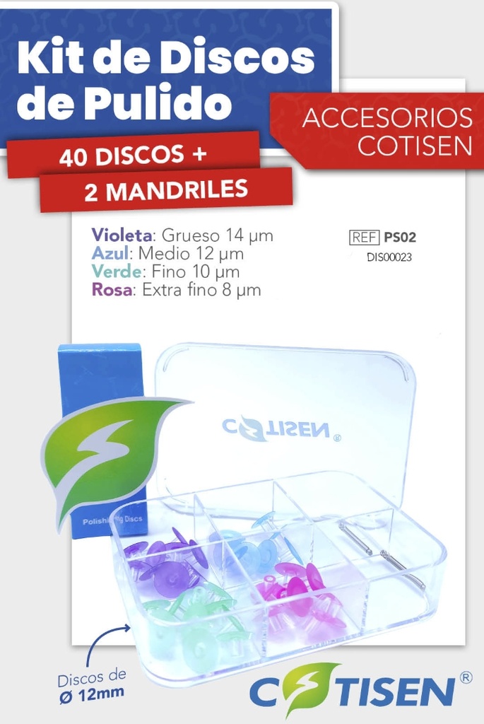 Discos para pulido y acabado en restauraciones,  
Kit de 40u (G,M,F,XF) + 2 mandriles - Cotisen