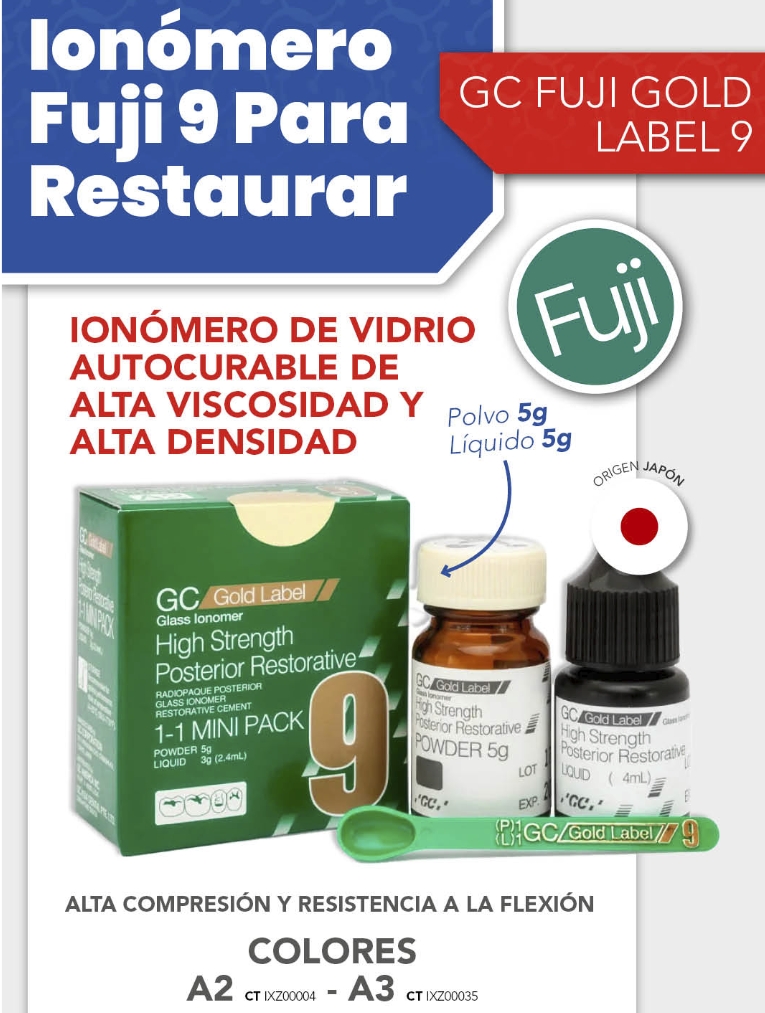 Ionómero GC9, GOLD LABEL - Autopolimerización - restauracion posterior Avío: 5g + 2,4ml - FUJI