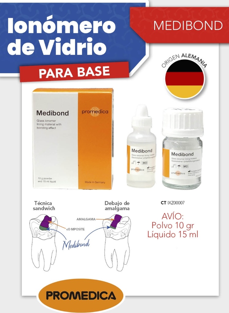 Ionómero vítreo Medibond  para relleno de bases  -  Avío  polvo  + líquido - PROMEDICA