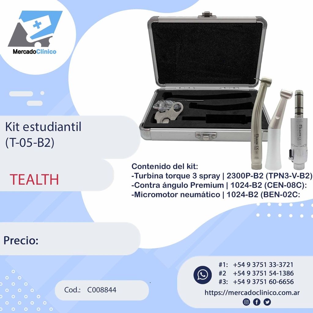 
Kit Estudiantes (T-05-B2) - Turbina Push 3 spray + Contra ángulo Push + Micromotor Neumático - TEALTH