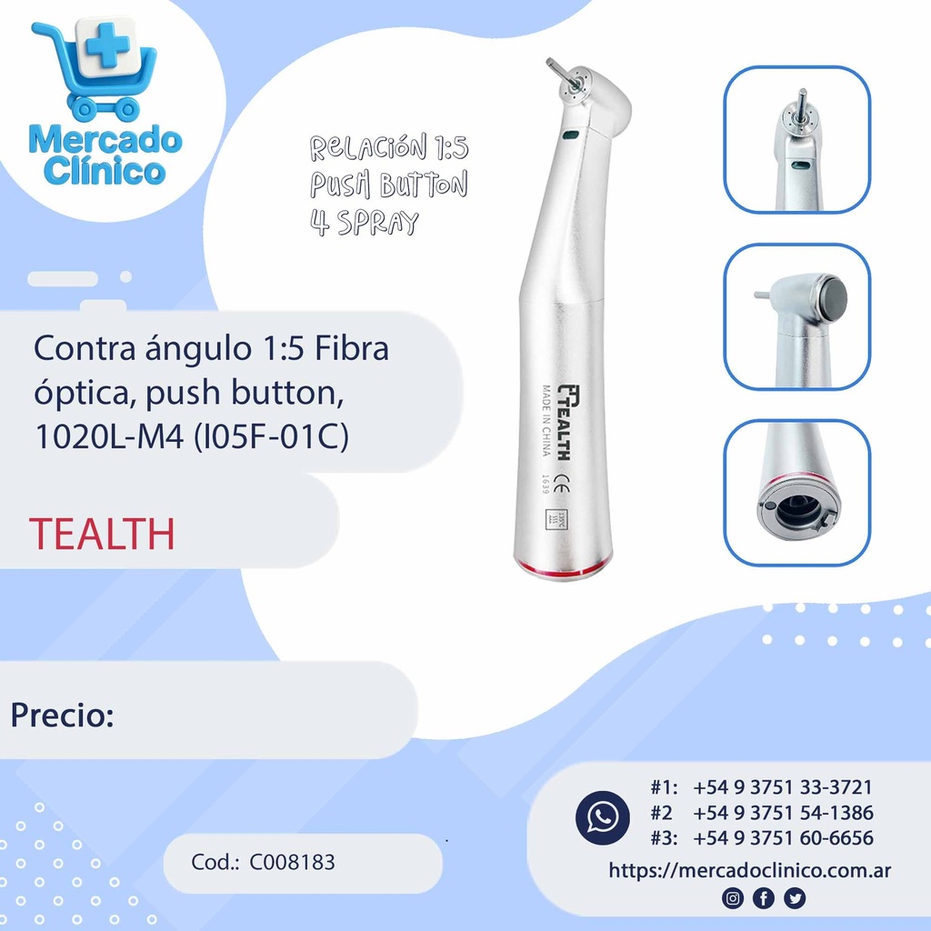 Contra ángulo 1:5 Fibra 
óptica, push button, 1020L-M4 (I05F-01C) - Tealth 