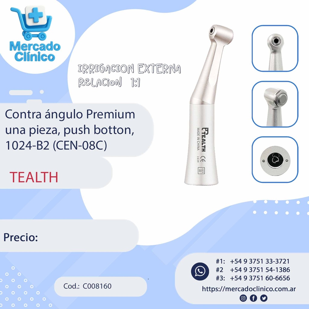 Contra ángulo Premium una pieza, push botton, 1024-B2 (CEN-08C) - TEALTH