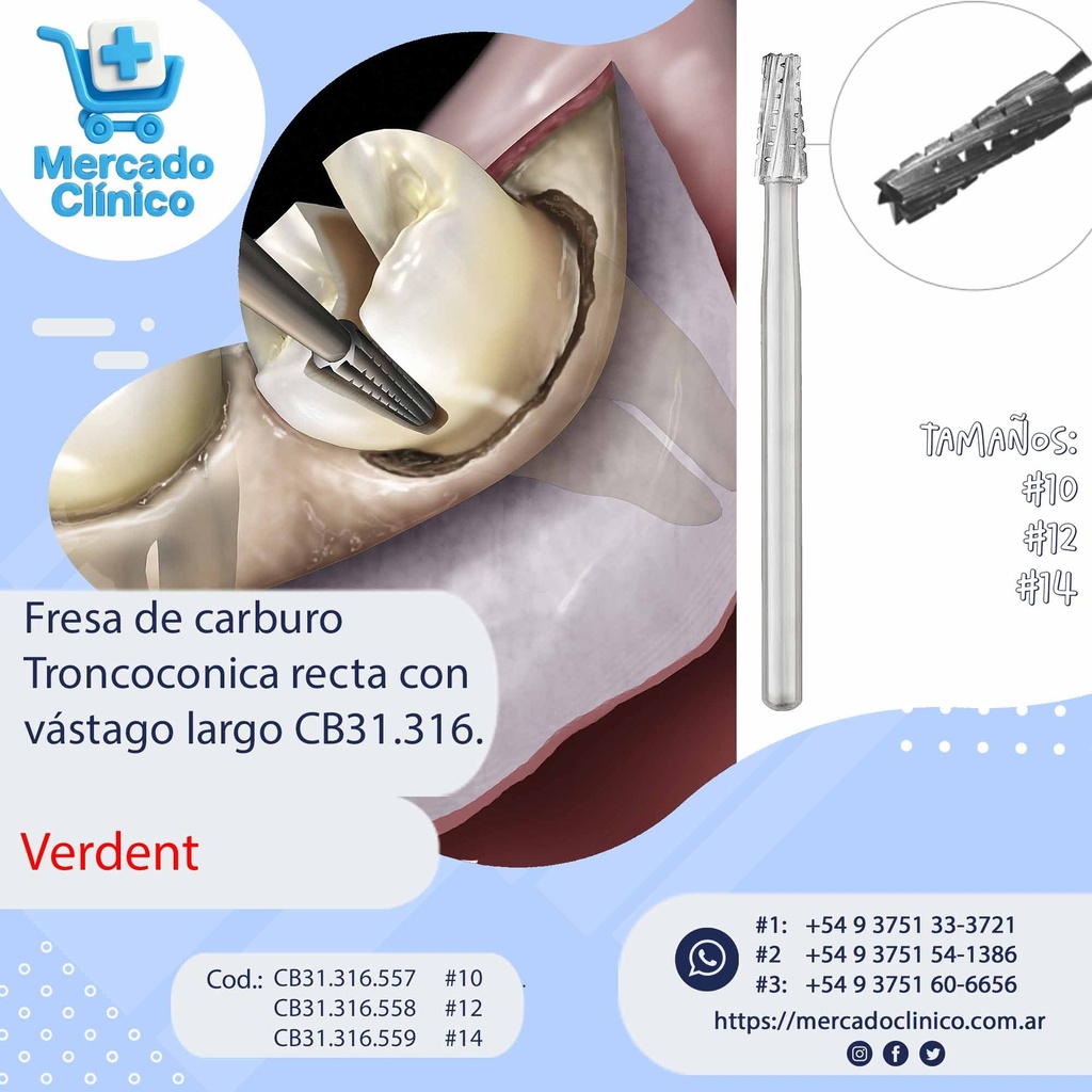 Fresa de carburo Troncocónica recta con 
vástago largo CB1.316. - VERDENT
