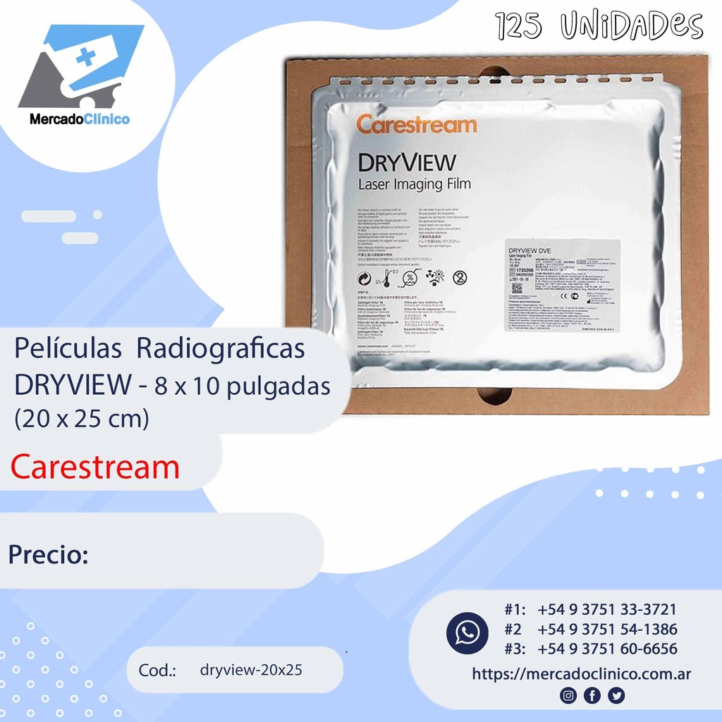 Películas  Radiográficas DRYVIEW - 8 x 10 pulgadas (20 x 25 cm) - Carestream