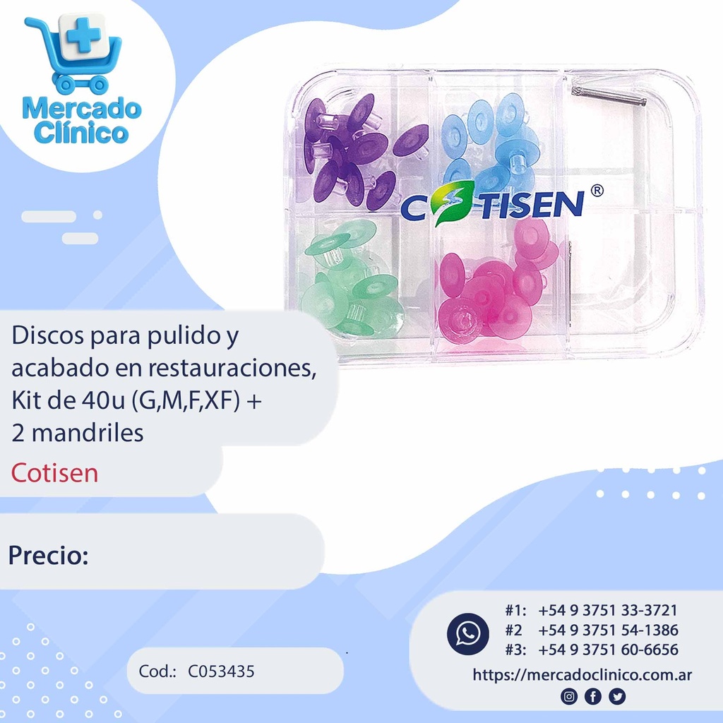 Discos para pulido y acabado en restauraciones,  
Kit de 40u (G,M,F,XF) + 2 mandriles - Cotisen