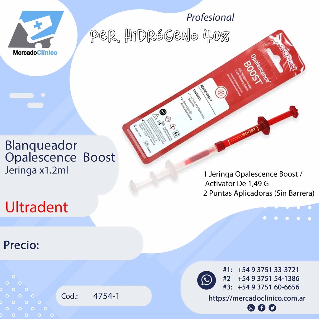 Blanqueador Opalescence  Boost Jeringa x1.2ml - 40% - Sin barrera - Ultradent