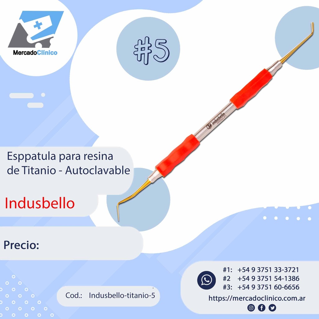 Espátula Composite Titanio #5 - Mango Anatómico siliconado - Indusbello