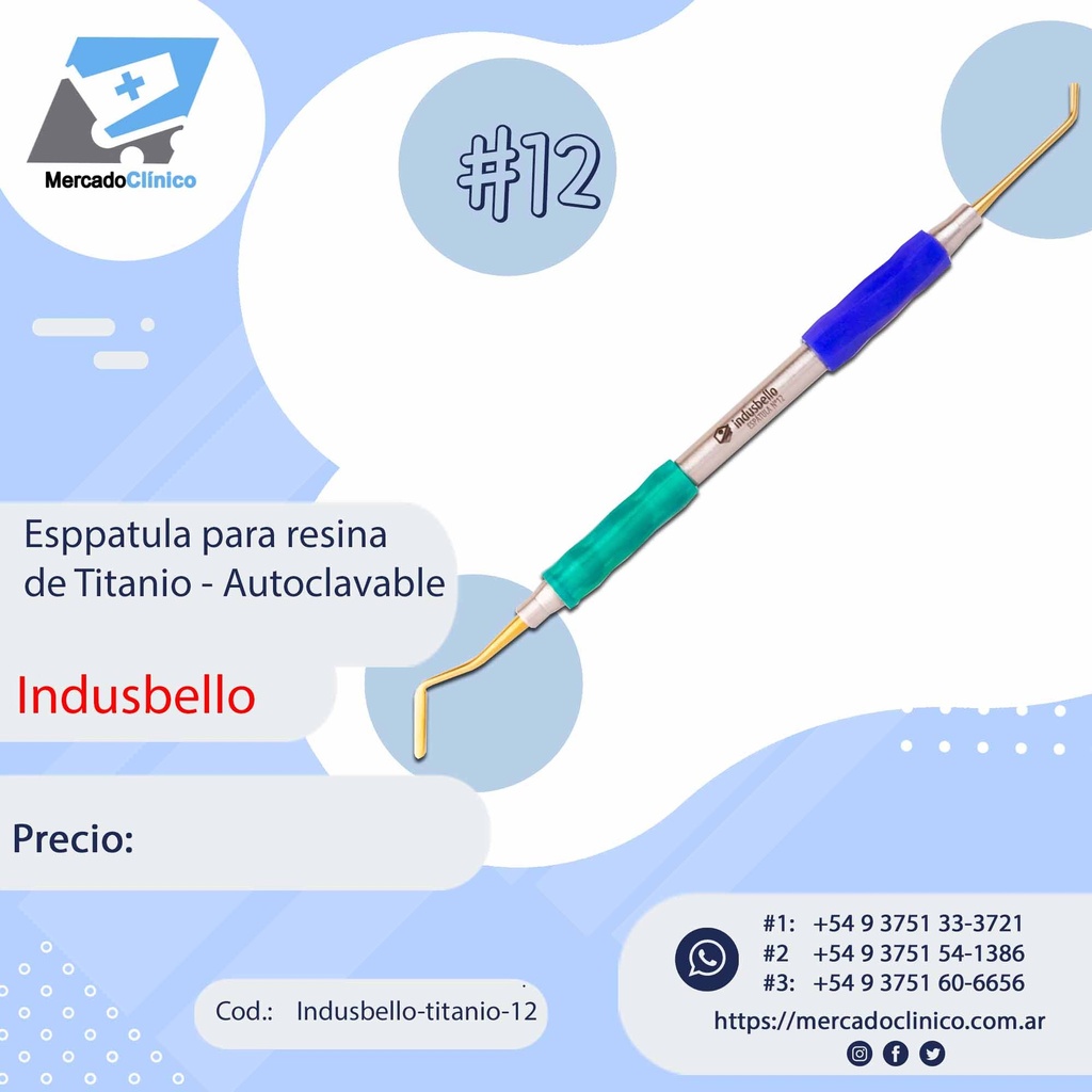 Espátula Composite Titanio #12 - Mango Anatómico siliconado - Indusbello