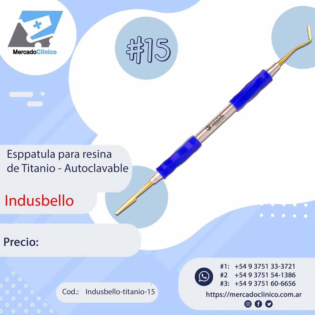 Espátula Composite Titanio #15 - Mango Anatómico siliconado - Indusbello