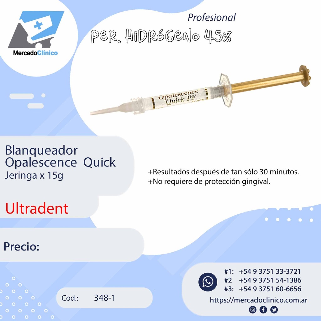 Blanqueador Opalescence  Quick - Jeringa x 15g - Carbamida 45% - Consultorio - Ultradent