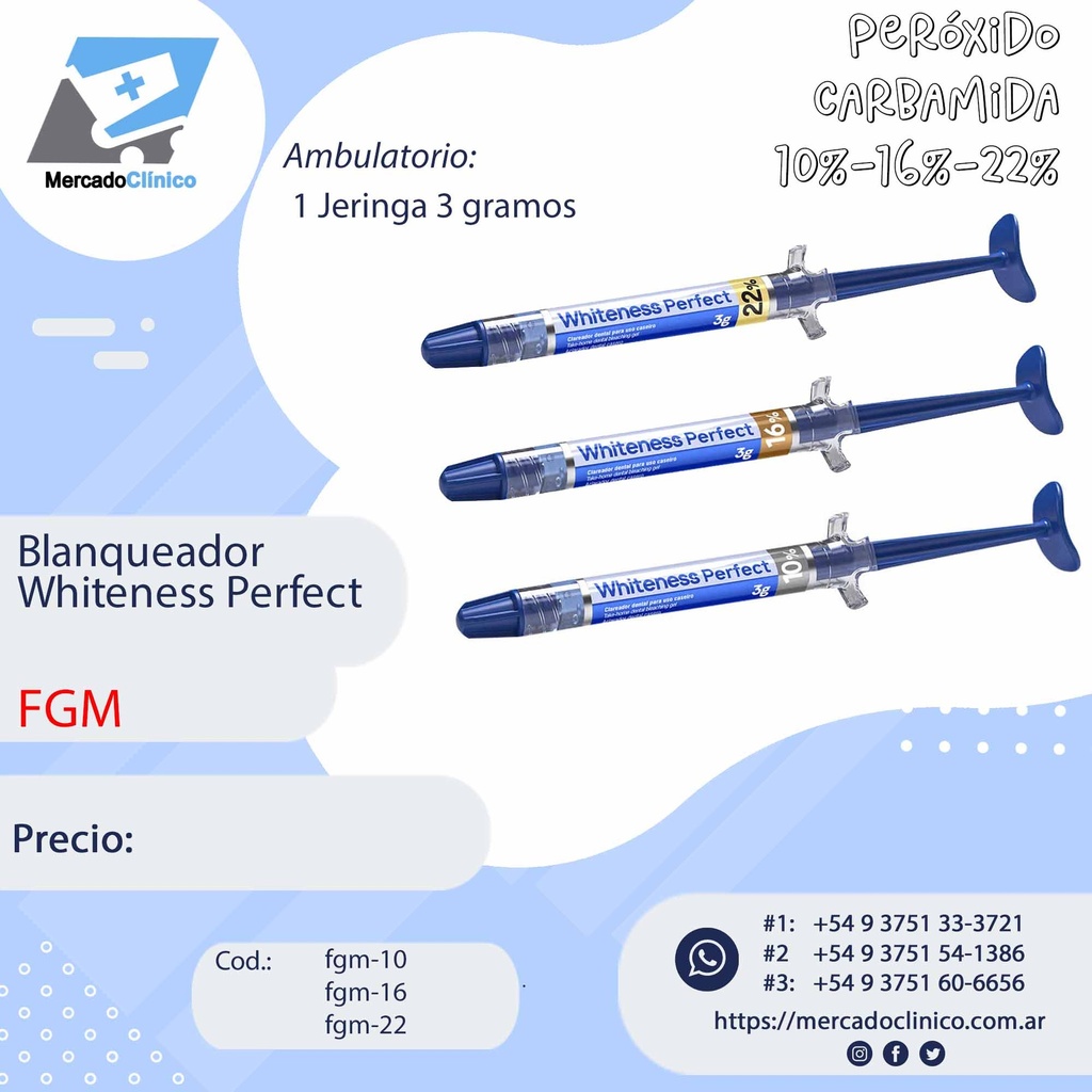 Blanqueador  Whiteness Perfect  - Jeringa 3g - Peróxido de Carbamida - Dosis única - FGM 