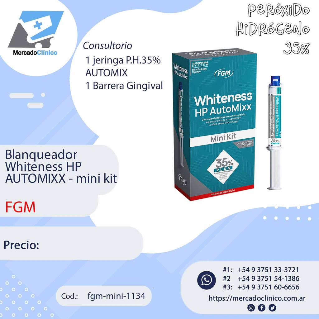 Blanqueamiento Whiteness HP Automixx - Peróxido Hidrógeno 35% - Mini Kit  - Conultorio - FGM