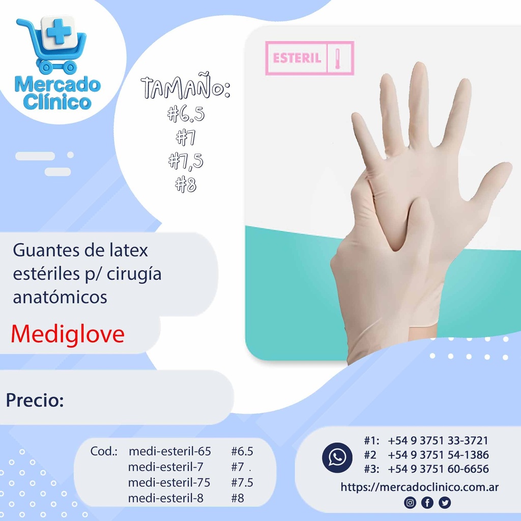 Guantes de latex esteriles p/ cirugía anatómicos - Mediglove