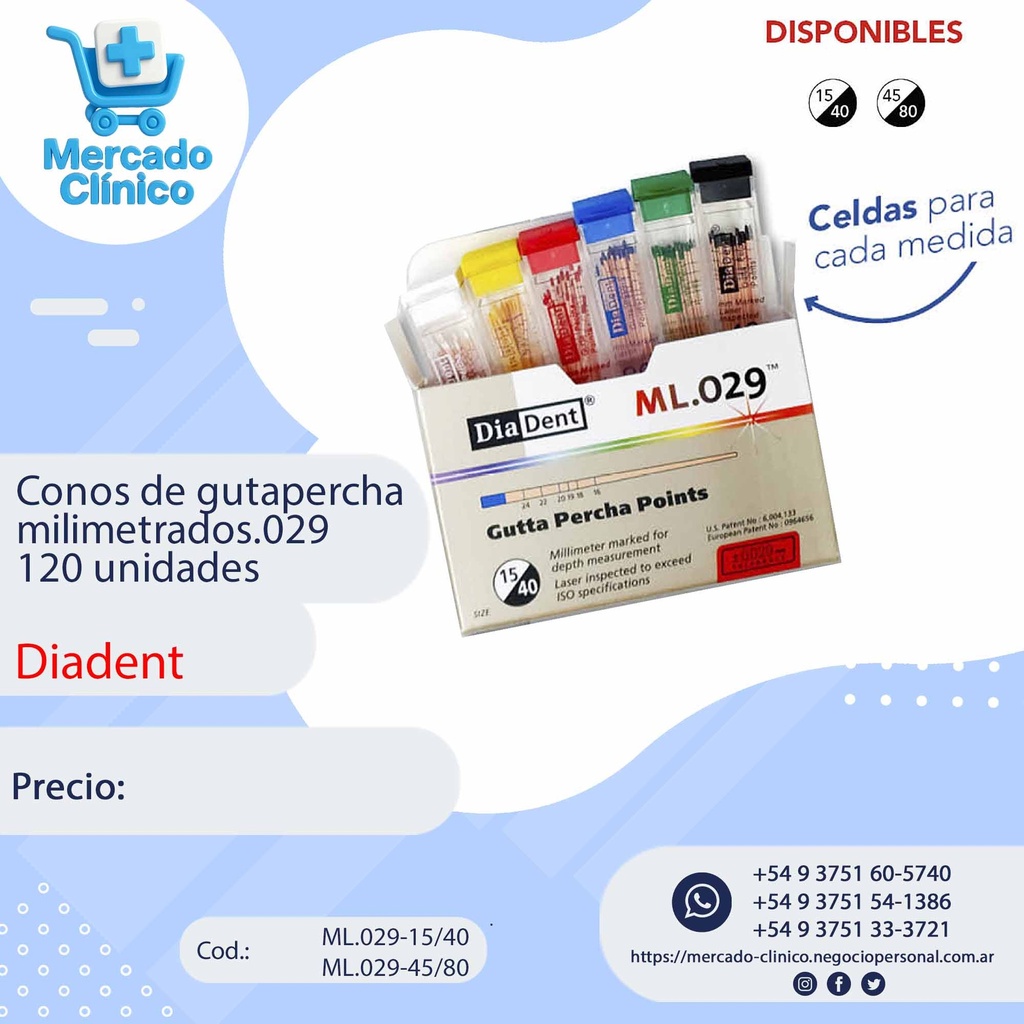 Conos de gutapercha milimetrados ML.029 x 120 unidades - 1ra y 2da serie - Diadent