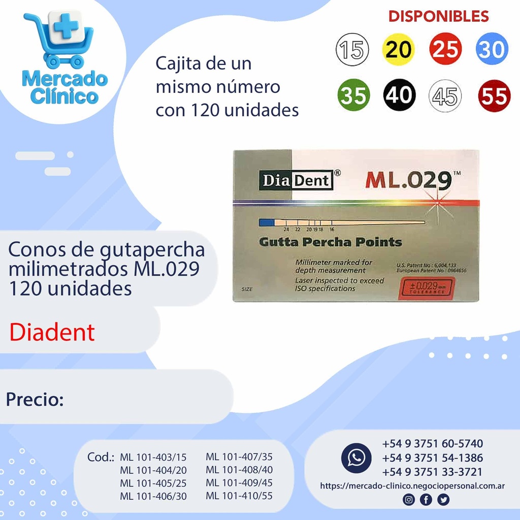 Conos de gutapercha milimetrados ML.029 - 120 unidades - Individuales - Diadent