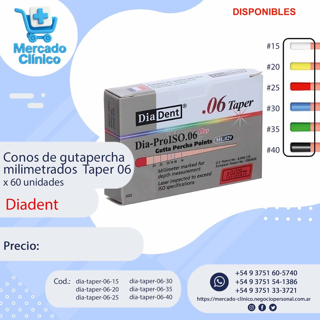 Conos de gutapercha Taper 06  - 60 Un.  - Diadent