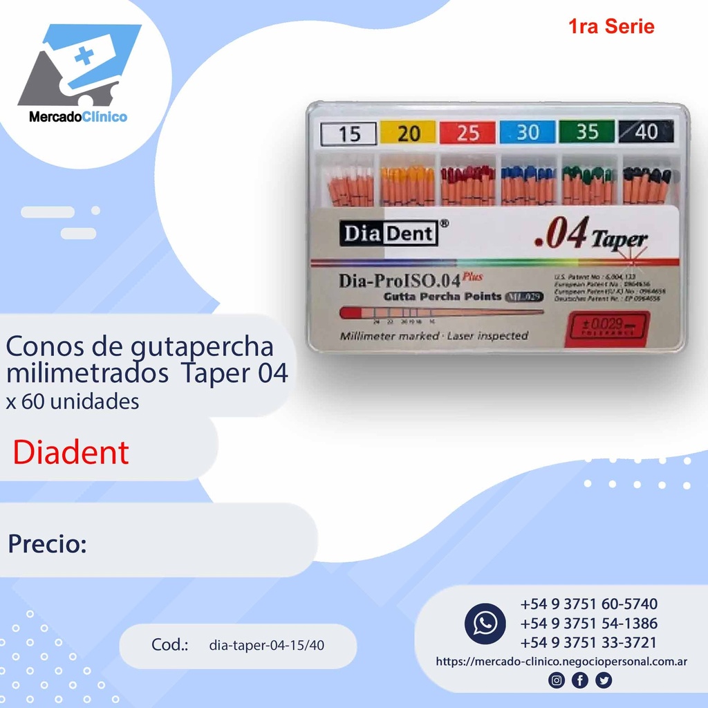 Conos de gutapercha milimetrados - Taper 04  - 60 Un - 1ra serie (15-40) - Diadent