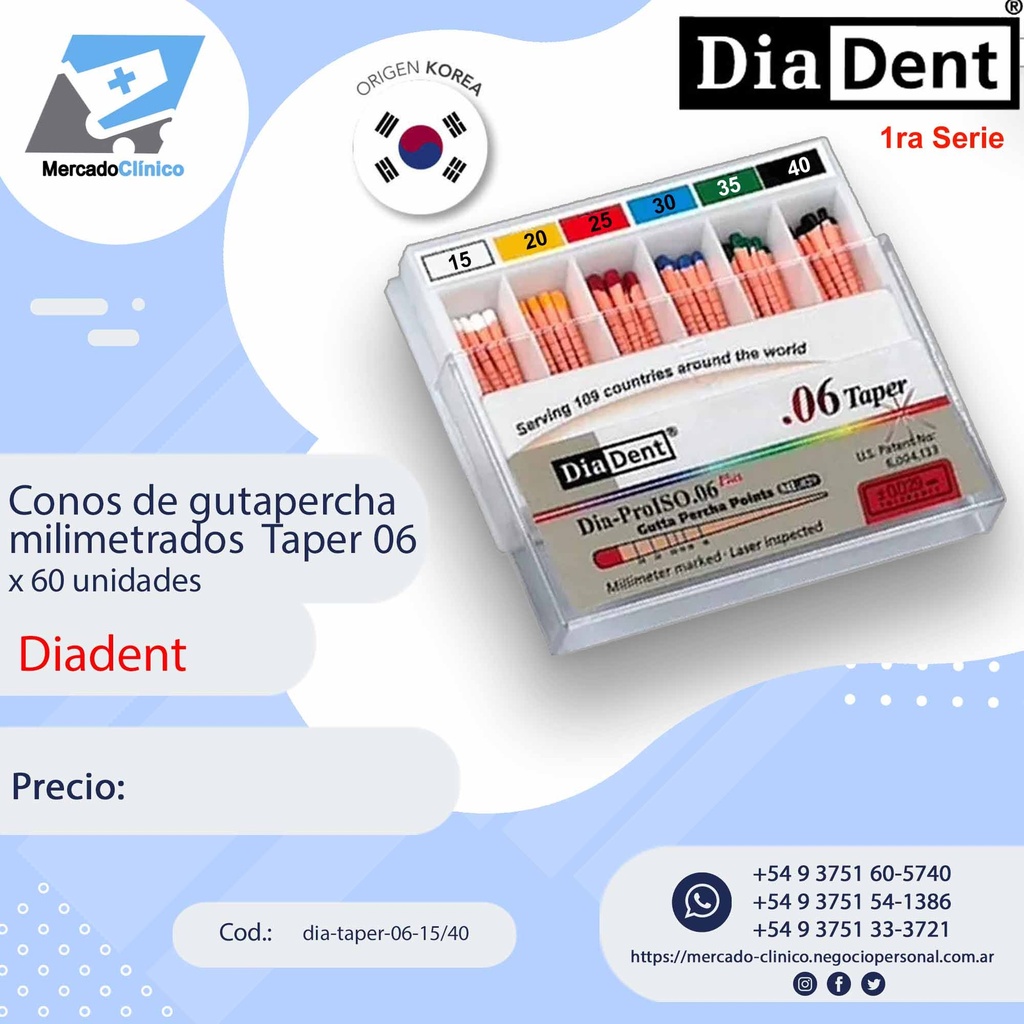 Conos de gutapercha milimetrados - Taper 06  - 60 Un - 1ra serie - Diadent