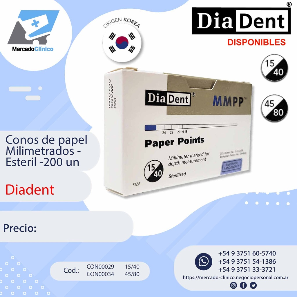 Conos de endodoncia de papel, milimetrados, absorbentes x 200 un - Diadent