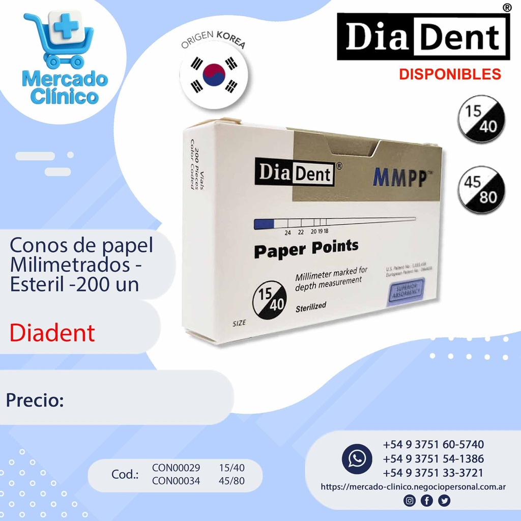 Conos de endodoncia de papel, milimetrados, absorbentes x 200 un - Diadent