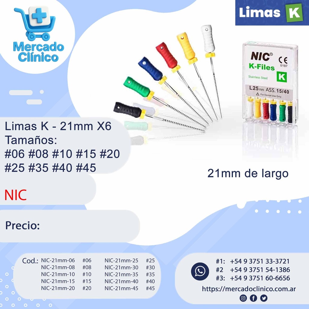 Limas K - 21mm X6 - Tamaños: #06 #08 #10 #15 #20 #25 #35 #40 #45- NIC