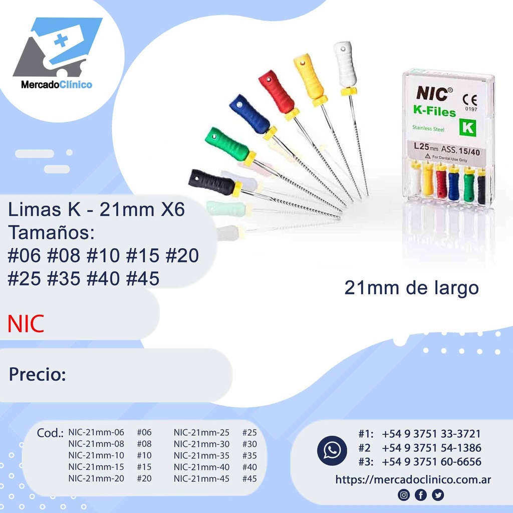 Limas K - 21mm X6 - Tamaños: #06 #08 #10 #15 #20 #25 #35 #40 #45- NIC