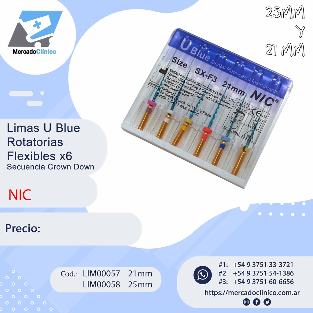 Limas U Blue Rotatorias - Flexibles x6 - para Secuencia Crown Down - NIC