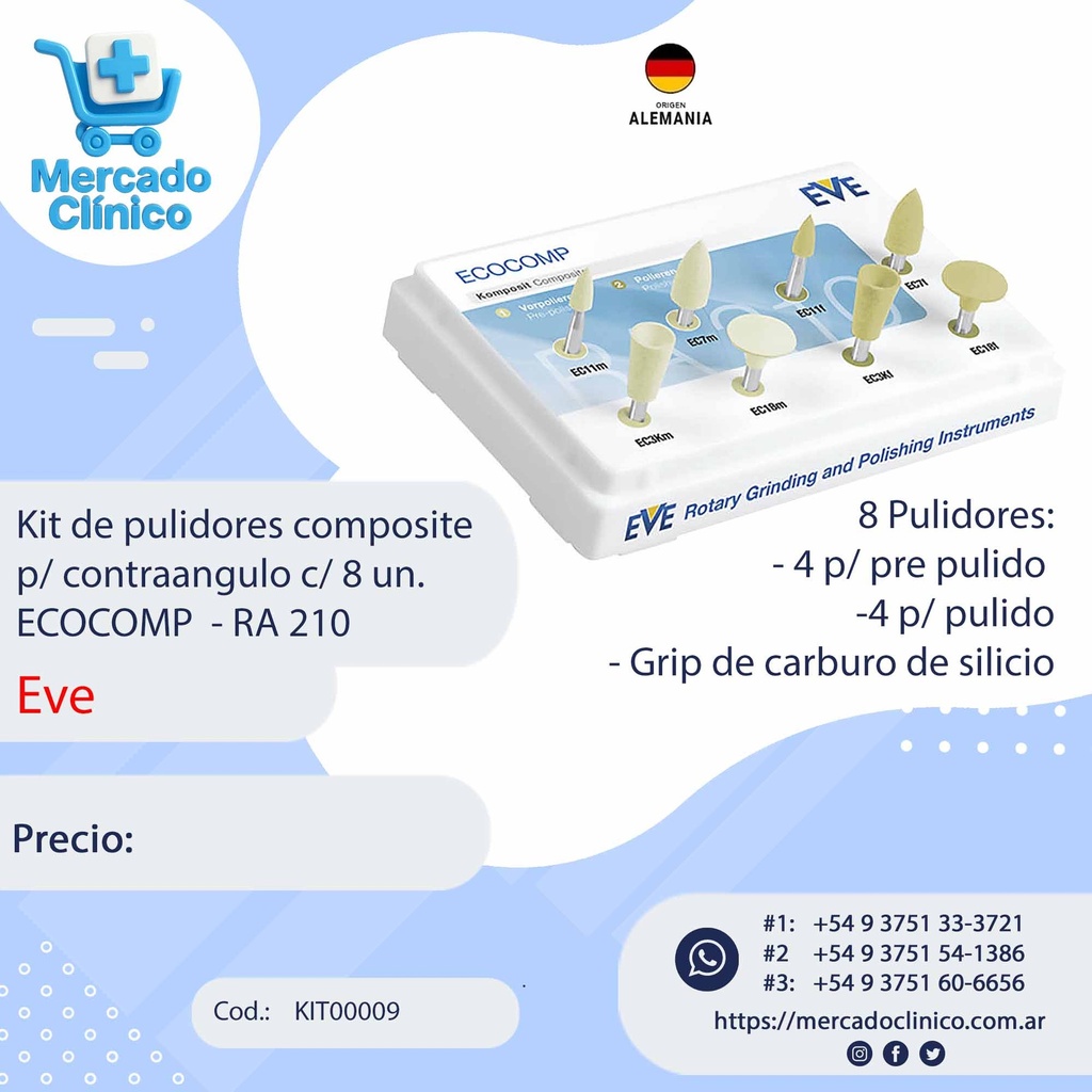Kit de pulidores composite p/ contraangulo c/ 8 un. ECOCOMP  - RA 210 - EVE