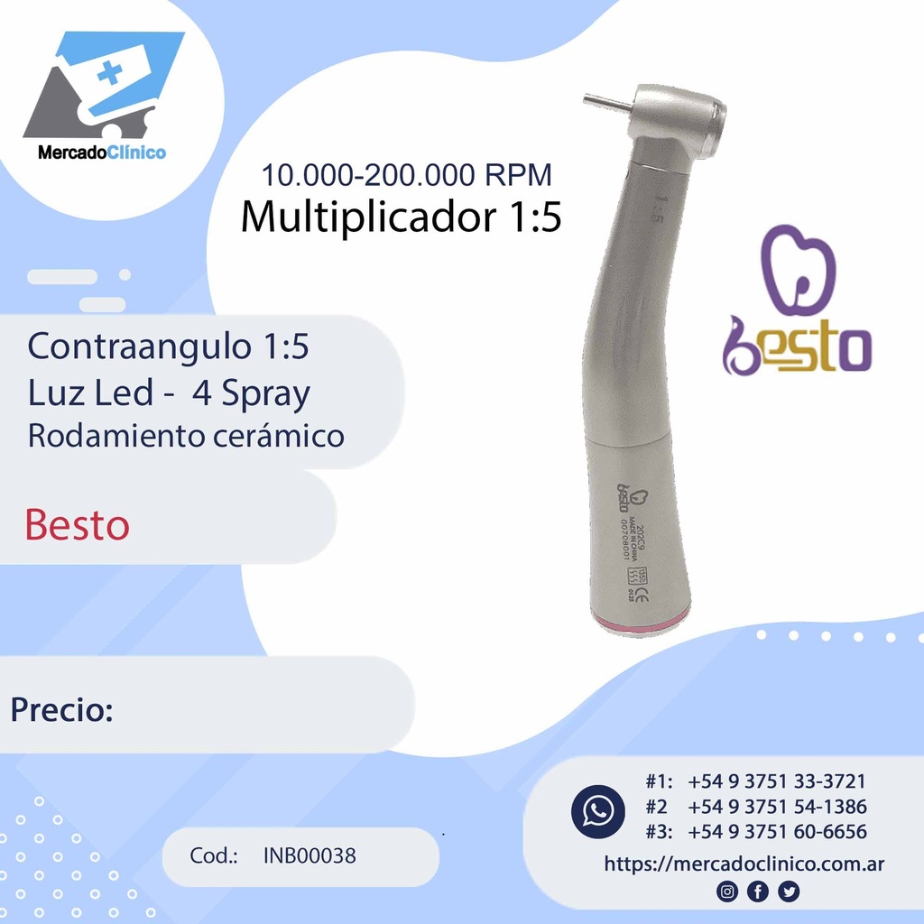 Contraangulo multiplicador 1:5 - Luz Led -  4 Spray - Rodamiento cerámico - Besto