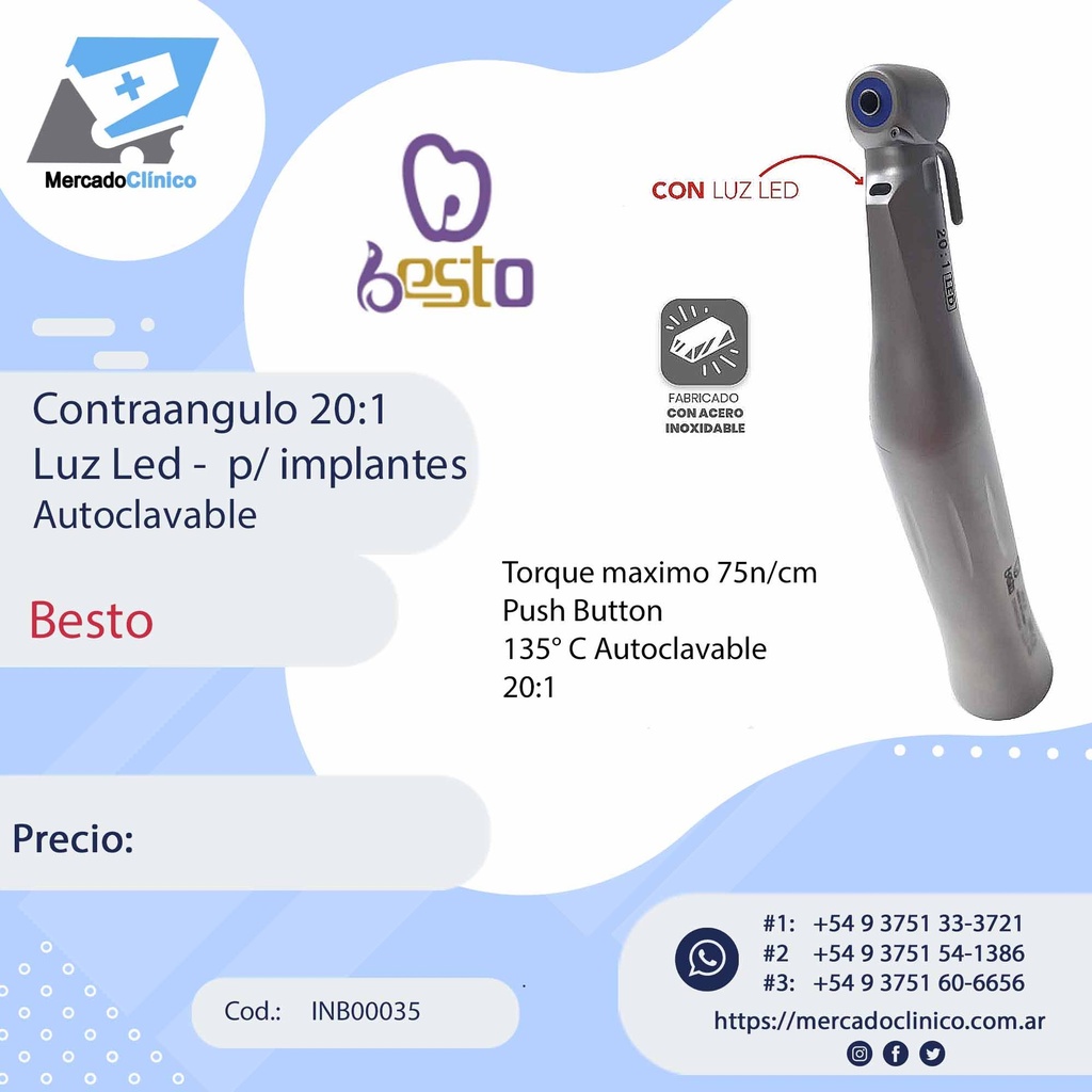 Contraangulo 20:1 Luz Led Autogenerda -  p/ implantes Autoclavable - Besto