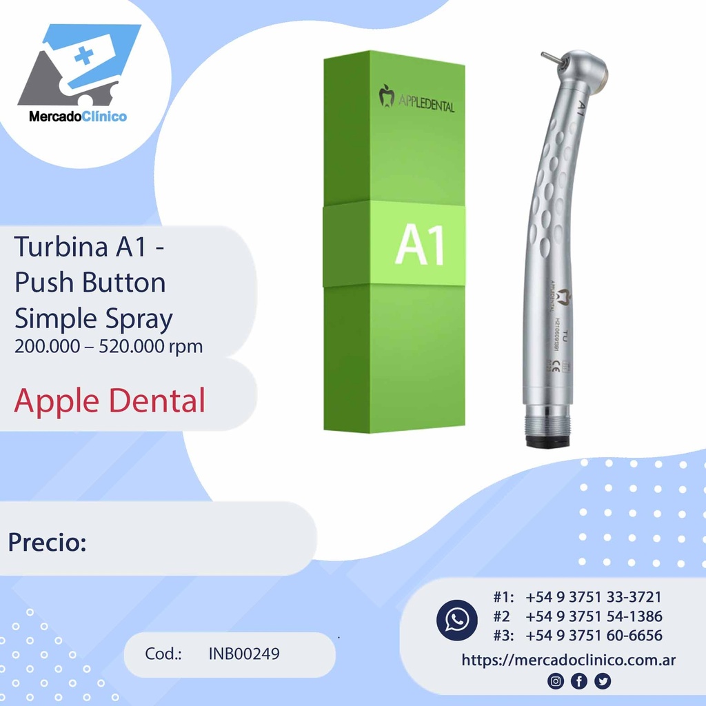 Turbina A1 -  Push Button Simple Spray 200.000 – 520.000 rpm - Apple Dental