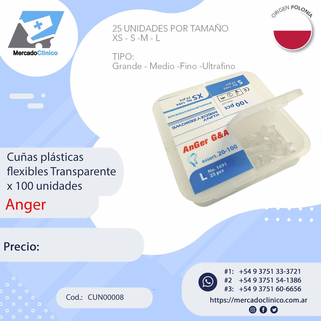 Cuñas plásticas  flexibles Transparente x 100 unidades - Anger