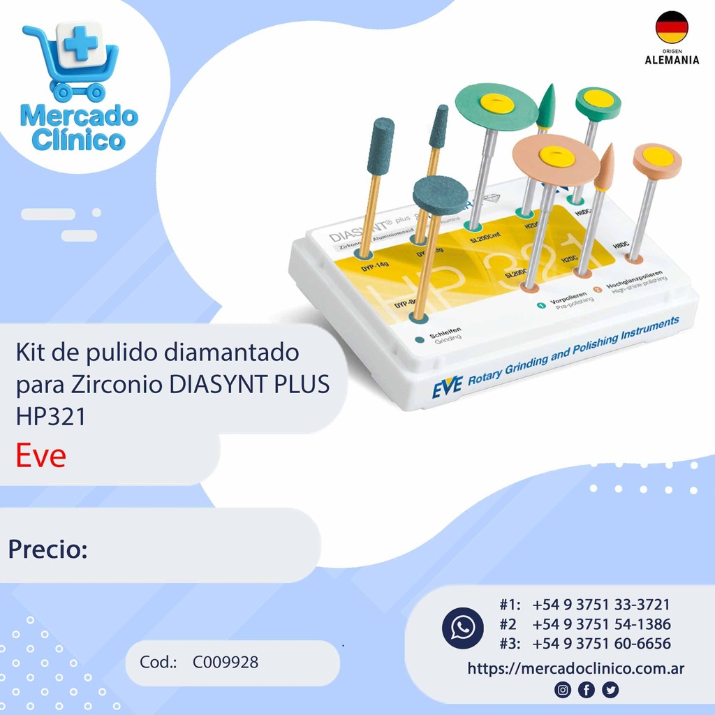 Kit de pulido diamantado para Zirconio DIASYNT PLUS HP321 p/ pieza de mano - EVE