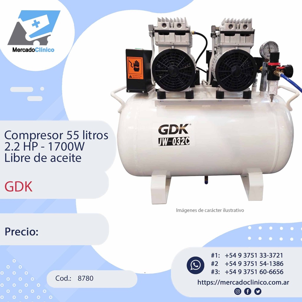 Compresor 55 litros 2.2 HP - 1700W  Libre de aceite - GDK