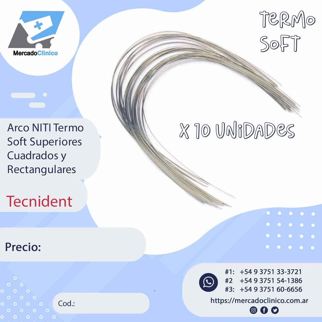 Arcos NITI Soft Termicos Metalicos Exp SUPERIORES - Cuadrado y Rectangulares - X 10 arcos - TECNIDENT