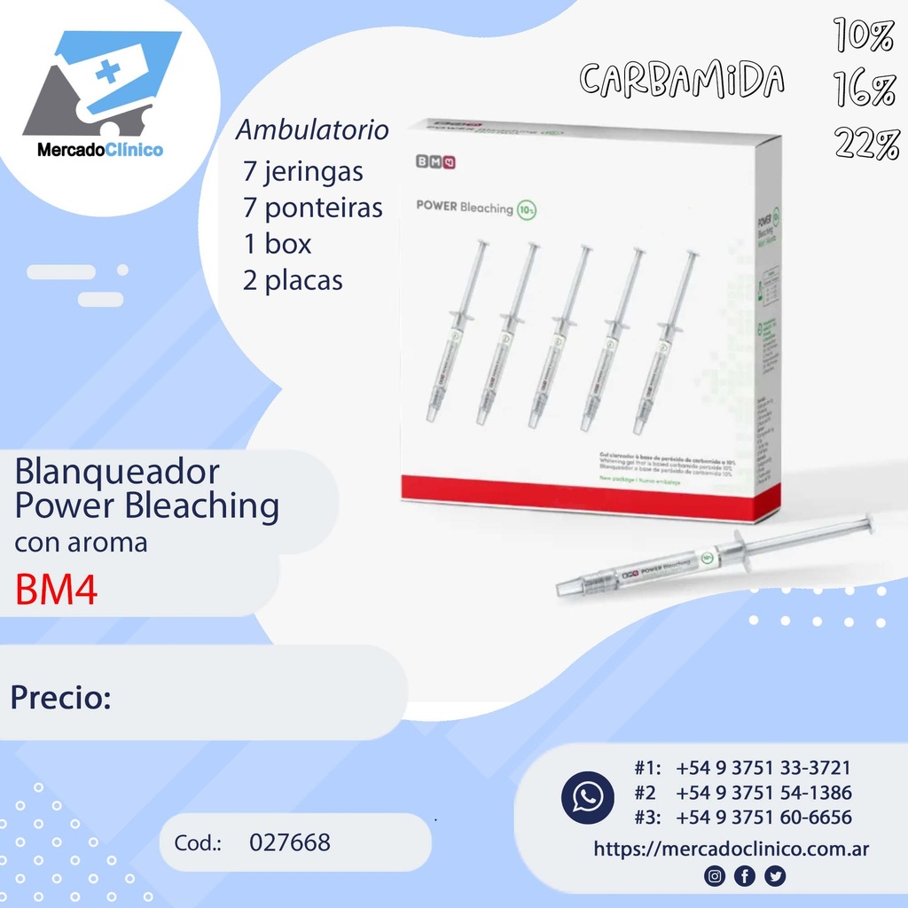 Blanqueamiento Power Bleaching - con aroma - Ambulatorio - 7 jeringas de Carbamida - 1 estuche - 2 placas para estampar - BM4