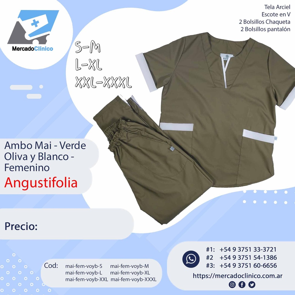 Ambo Mai - Pantalón y chaquetilla - Verde Oliva y Blanco - Femenino - Angustifolia