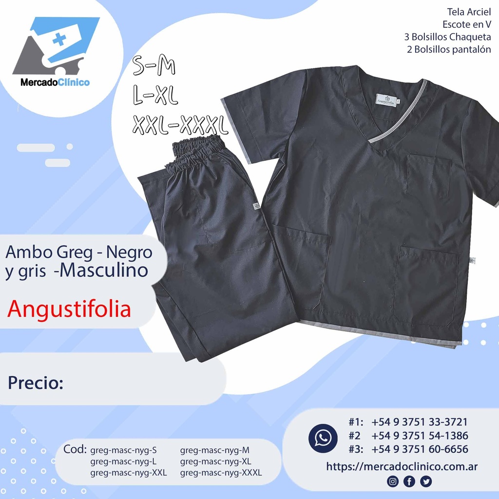 Ambo Greg - Pantalón y chaquetilla -Negro y Gris- Masculino - Angustifolia