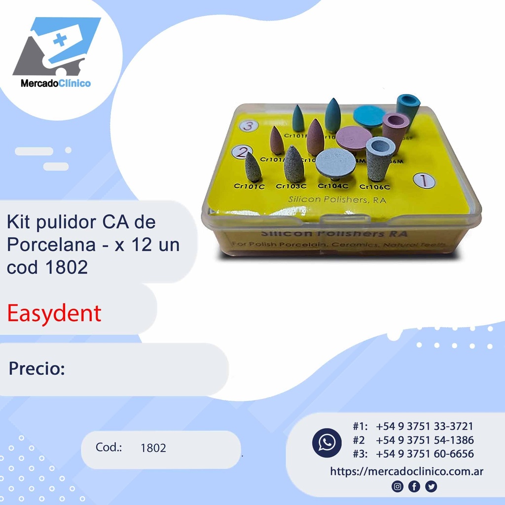 Kit pulidor CA de Porcelana - x 12 un cod 1802 - Easydent