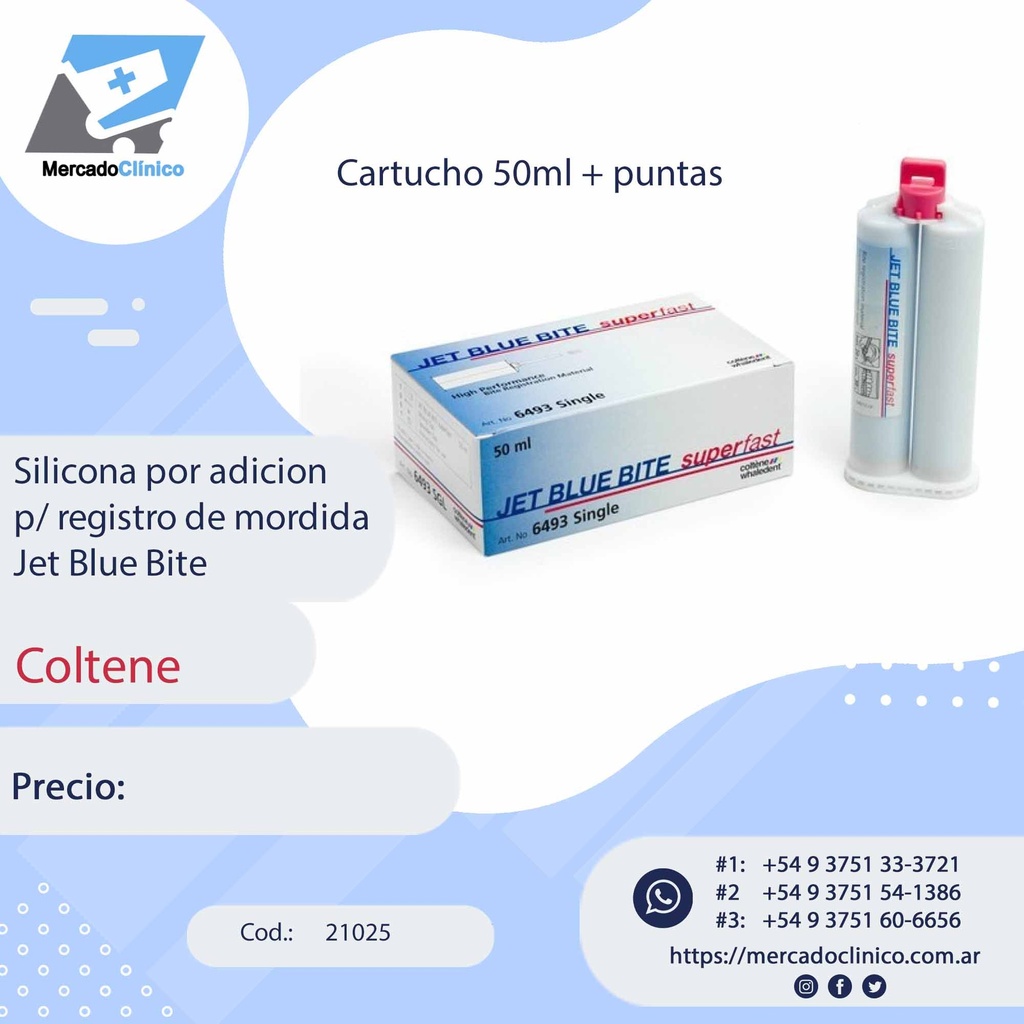 Silicona por adicion  p/ registro de mordida Jet Blue Bite - cartucho 50ml - Coltene