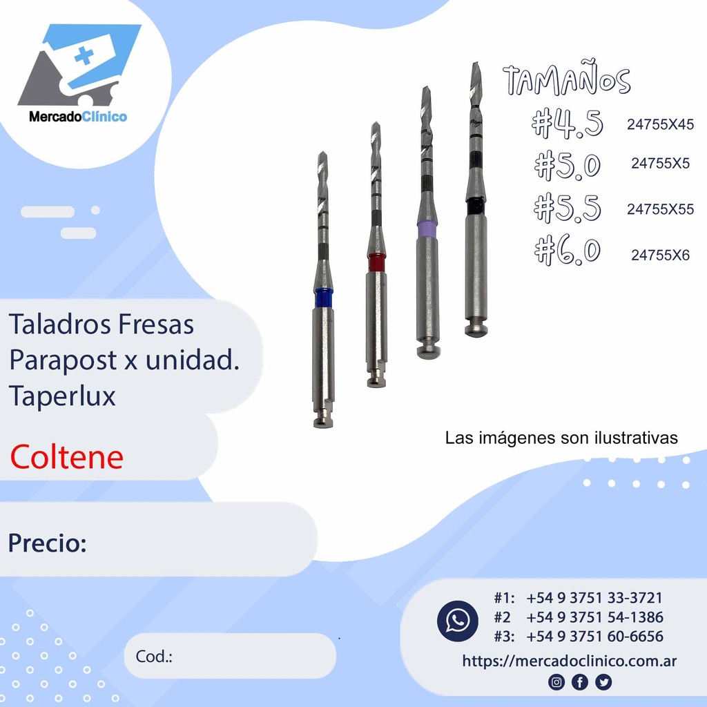 Taladros Fresas  Parapost x unidad - Dif. tamaños -  Taperlux - Coltene