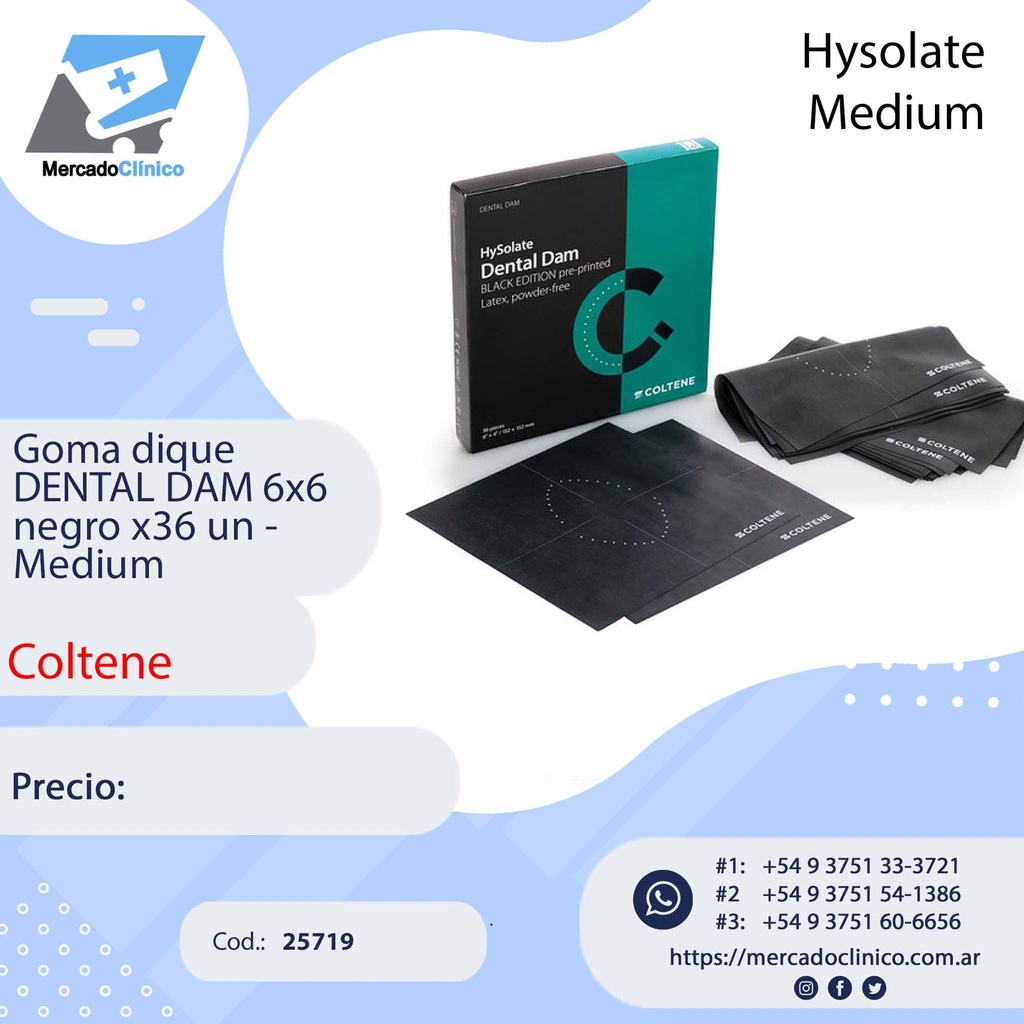 Goma dique  DENTAL DAM 6x6 negro x36 un -  médium - Hysolate - Coltene
