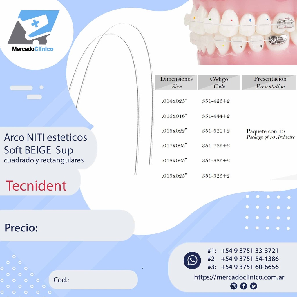 Arco NITI - esteticos  BEIGE Exp. - Soft Termo universal - Cuadrado y Rectangulares - x 10 unidades - Tecnident