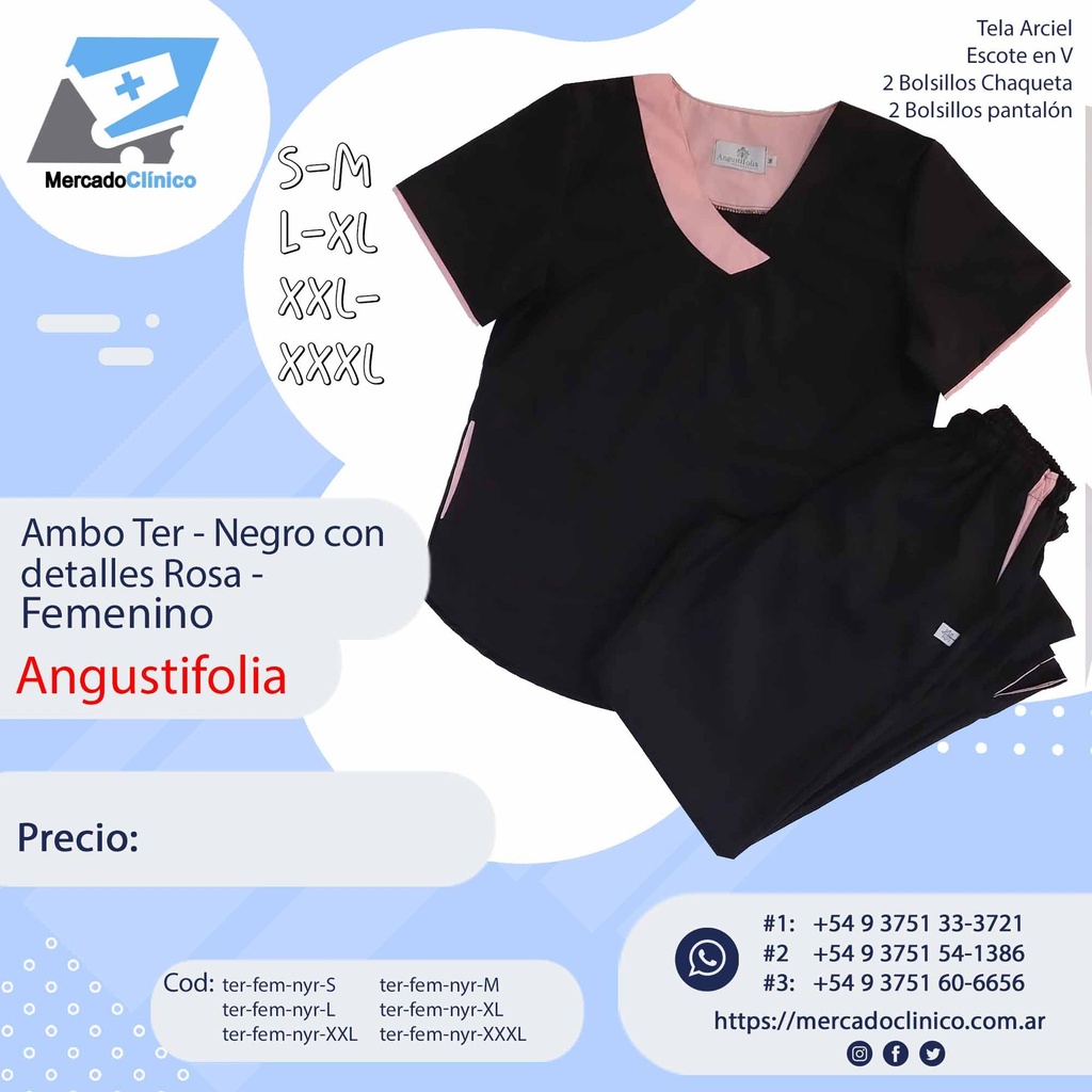 Ambo Ter - Pantalón y chaquetilla - Negro con detalle Rosa - Femenino - Angustifolia
