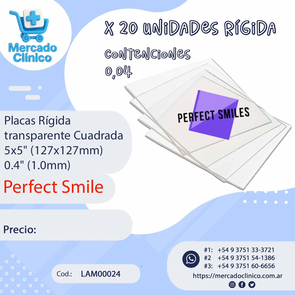 Placas / Láminas Rígidas  transparente Cuadrada - x 20 un - 0,04" (1 mm) - PERFECT SMILES