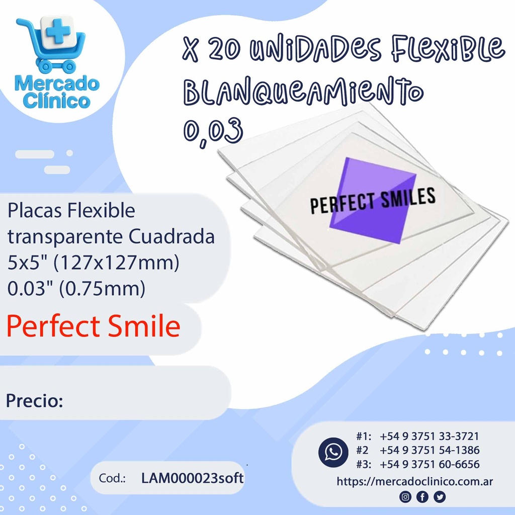Placas / Láminas Flexible  transparente Cuadrada - x 20 un - 0,03" (0,75 mm) - PERFECT SMILES