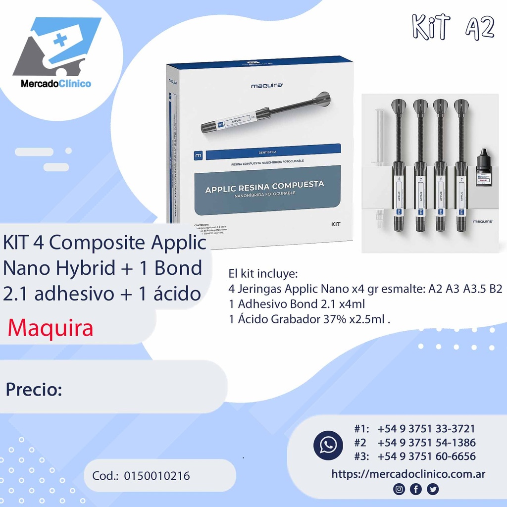 Kit X4 Composite APPLIC NANO HYBRID  A3.5 -  (composite + adhesivo + ácido MAQUIRA