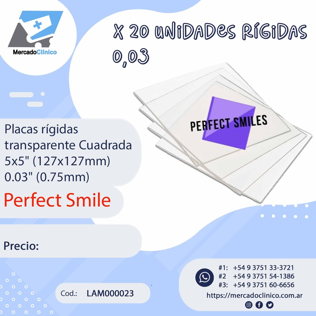 Placas / Láminas Rígidas  transparente Cuadrada - x 20 un - 0,03" (0,75 mm) - PERFECT SMILES