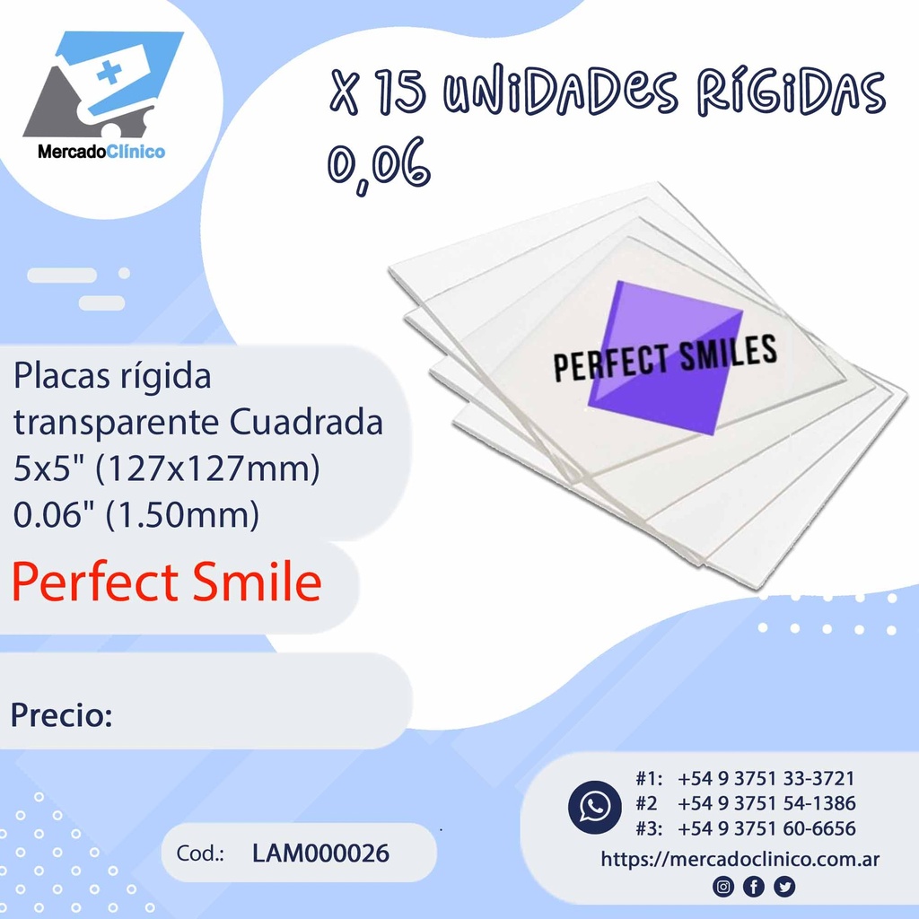 Placas / Láminas  Rígidas  transparente Cuadrada - x 15 un -  0,06" (1.5 mm) - PERFECT SMILES